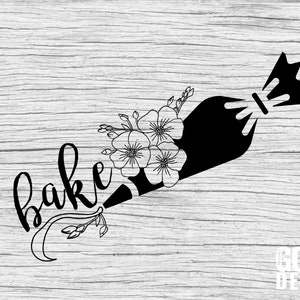 May include: Black and white illustration of a piping bag with flowers and the word "bake" written in a cursive font. The text "God Bless" is also visible in the background.