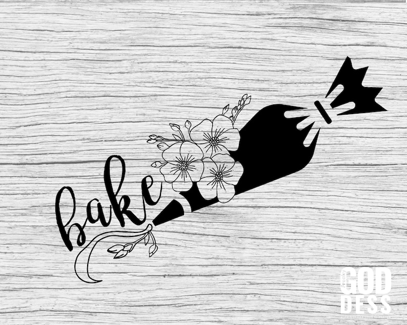 May include: Black and white illustration of a piping bag with flowers and the word "bake" written in a cursive font. The text "God Bless" is also visible in the background.