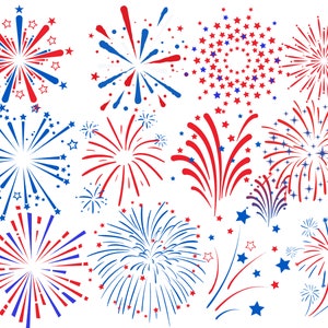 May include: A set of 12 red, white, and blue firework illustrations. The fireworks are in various shapes and sizes, with some having stars and others having dots.
