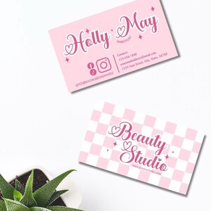 Modelo de cartão de visita rosa Canva | Cartão de cliente editável | Design de cartão para impressão | Cartão de desconto de fidelidade de salão