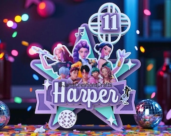 Kpop Demon Hunters Inspired Birthday Cake Topper | Huntrix Party Decorations | Saja Boys | Golden Takedown | Honmoon - Purple