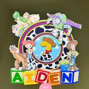 K&ouml;nnte beinhalten: Ein farbenfroher Tortenaufsatz mit Figuren aus dem Film Toy Story, darunter Buzz Lightyear und Woody. Das Design enth&auml;lt den Namen "AIDEN" in bunten Buchstaben. Der Aufsatz befindet sich vor einem gr&uuml;nen Hintergrund mit einem kreisf&ouml;rmigen Design.