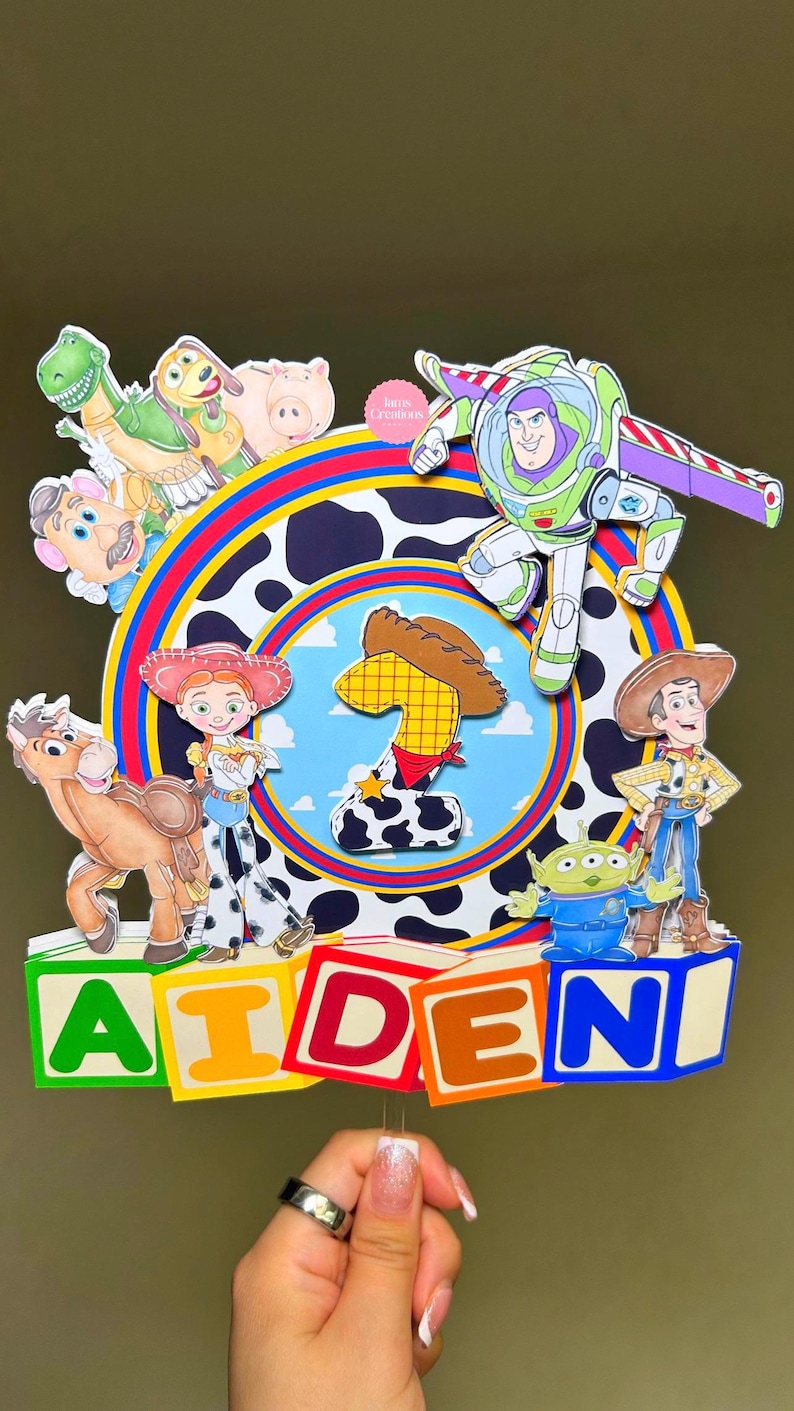 K&ouml;nnte beinhalten: Ein farbenfroher Tortenaufsatz mit Toy Story-Figuren. Das Design zeigt Buzz Lightyear, Woody und Jessie, sowie den Namen "AIDEN" in Buchstaben. Der Hintergrund hat ein Kuhmuster.