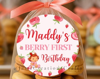 Stickers aardbei shortcake | Eerste verjaardagsbedankjes van Berry | Aangepaste labels