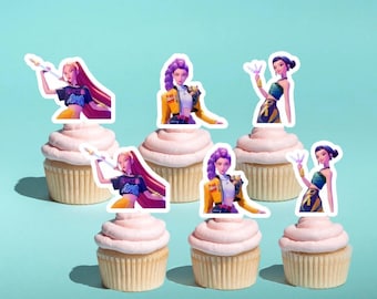 K-Pop Demon Hunters Cupcake Toppers | Huntrix Party Decor I Kawaii Birthday Decorations | Colorful Cutouts | Anime Korean KPOP Warrior