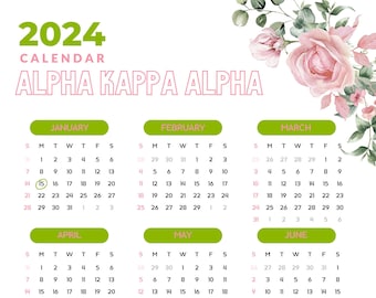 Alpha Kappa Alpha Sorority Inc 1908 Service D9 Greek Pink Green Lined Monthly Yearly 2024 Jan-Dec Calendar Printable Digital Download PDF
