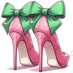 May include: A pair of pink high-heeled shoes with green bows. The shoes are made of a shiny material and have a pointed toe.