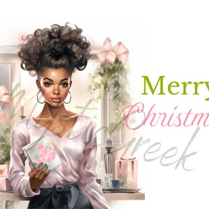 Christmas Card Pink Green Watercolor Beautiful Black Women Image PNG Digital Image Download