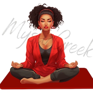 May include: Illustration of a person in a seated yoga pose on a red mat. The person wears a red top, black shirt, and black pants. They have dark curly hair, a red headband, and red triangle earrings. The image has the text "Mystic Creek" in the upper left corner.