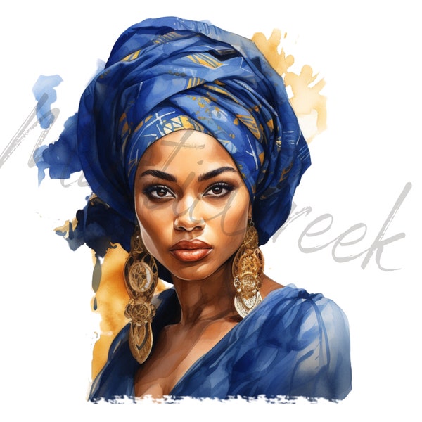 Women Blue Gold African Head Wrap Scarf Watercolor Transparent PNG Digital Image Download