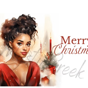 Cartão de Natal Aquarela Vermelho Carmesim Creme Lindas Mulheres Transparentes PNG Imagem Digital Download