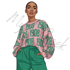 May include: Illustration of a person wearing a pink sweatshirt with the number "1908" in green repeated across it, paired with green trousers. The person has short hair and is looking forward with their hands in their pockets.