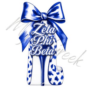 May include: A high-heeled shoe design with a blue bow and the text "Zeta Phi Beta." The shoe features a white base with blue polka dots. The design is set against a white background.