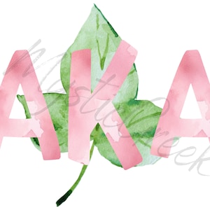 Puede incluir: Letras rosas que deletrean "AKA" con una hoja de acuarela verde detrás.