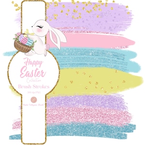 Puede incluir: Gráfico digital con un conejito blanco sosteniendo una cesta de huevos de Pascua, sobre pinceladas coloridas. El texto "Happy Easter Collection Brush Strokes" se muestra dentro de una forma dorada, con detalles de purpurina dorada.