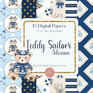 Teddy Bear Sailor Digital Paper, Nautical Seamless Patterns, Navy Blue & Gold Backgrounds, Nursery Scrapbook Paper Sailor Adventure Patterns