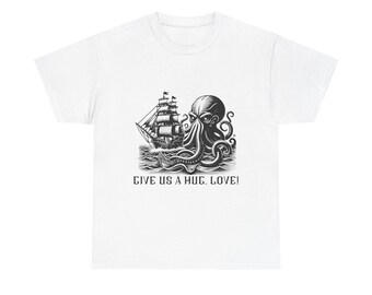 Pirate Ship Octopus Cuddle Waves Attack, Ocean Adventure Unisex Heavy Cotton Tee,  Nautical Shirt, Sea Lover Gift, Marine Life Clothing