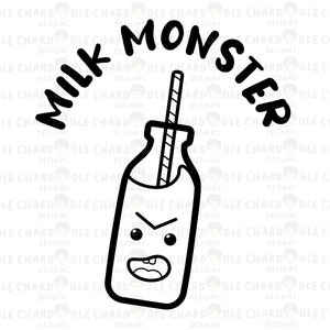 Puede incluir: Ilustración en blanco y negro de línea de una botella de leche con una pajita, una expresión traviesa y el texto "Milk Monster" encima.