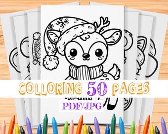May include: A set of 50 coloring pages featuring a cute cartoon reindeer wearing a Santa hat and scarf. The pages are black and white and ready to be colored.  PDF/JPG.