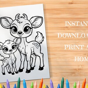 May include: A black and white line drawing of a mother deer and her fawn. The mother deer has large eyes and a sweet expression. The fawn is smaller and looks up at its mother.