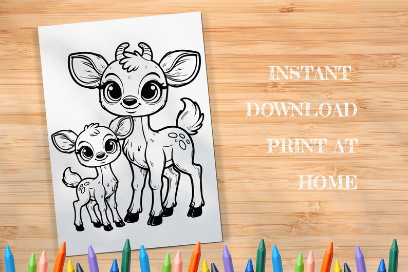 May include: A black and white line drawing of a mother deer and her fawn. The mother deer has large eyes and a sweet expression. The fawn is smaller and looks up at its mother.