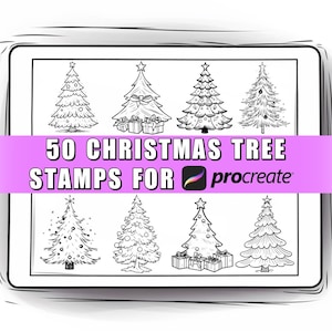 Peut inclure: Une illustration numérique de 50 tampons d'arbres de Noël en noir et blanc pour Procreate. Les tampons présentent différents styles d'arbres de Noël, y compris des arbres avec des ornements, des étoiles et des cadeaux.