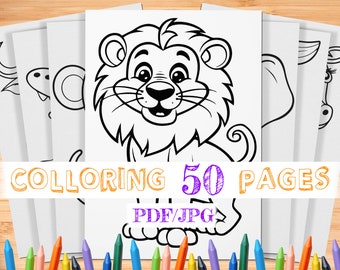 50 Páginas para colorear de animales de Safari para niños/Páginas para colorear de Safari/Colorear para niños/Hojas de animales/Colorear animales/Actividades de baby shower