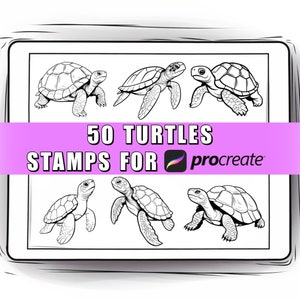 May include: A digital illustration of 50 black and white turtle stamps for Procreate. The image shows six different turtle designs.
