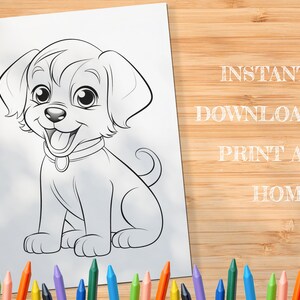 May include: A black and white line drawing of a cute cartoon puppy with big eyes and a happy expression. The puppy is sitting with its tongue sticking out. The image is suitable for coloring.