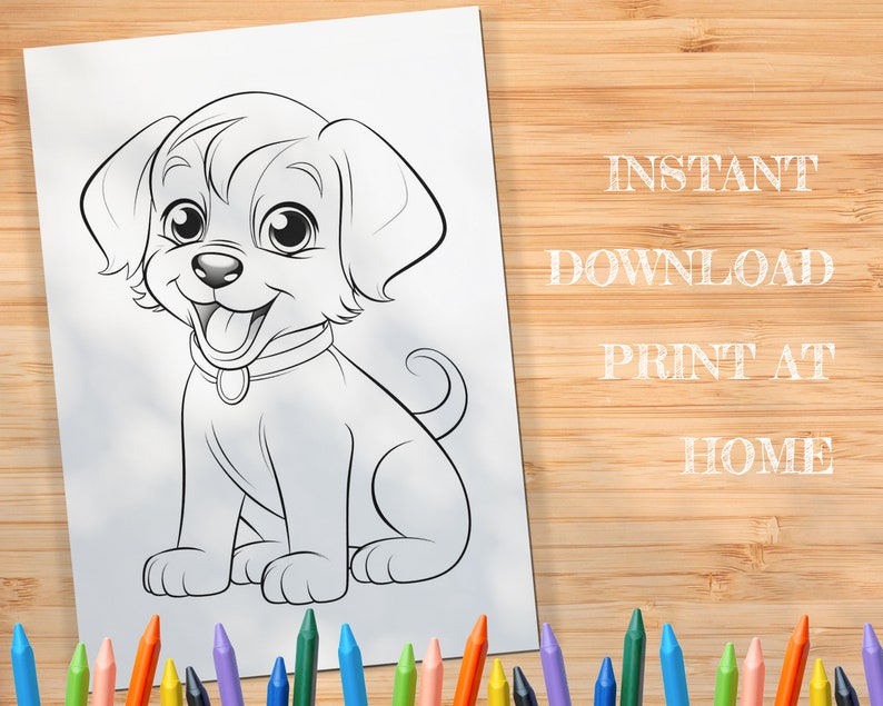 May include: A black and white line drawing of a cute cartoon puppy with big eyes and a happy expression. The puppy is sitting with its tongue sticking out. The image is suitable for coloring.