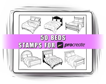 50 種類のベッド Procreate スタンプブラシ: インテリアデザイン (デジタルダウンロード)