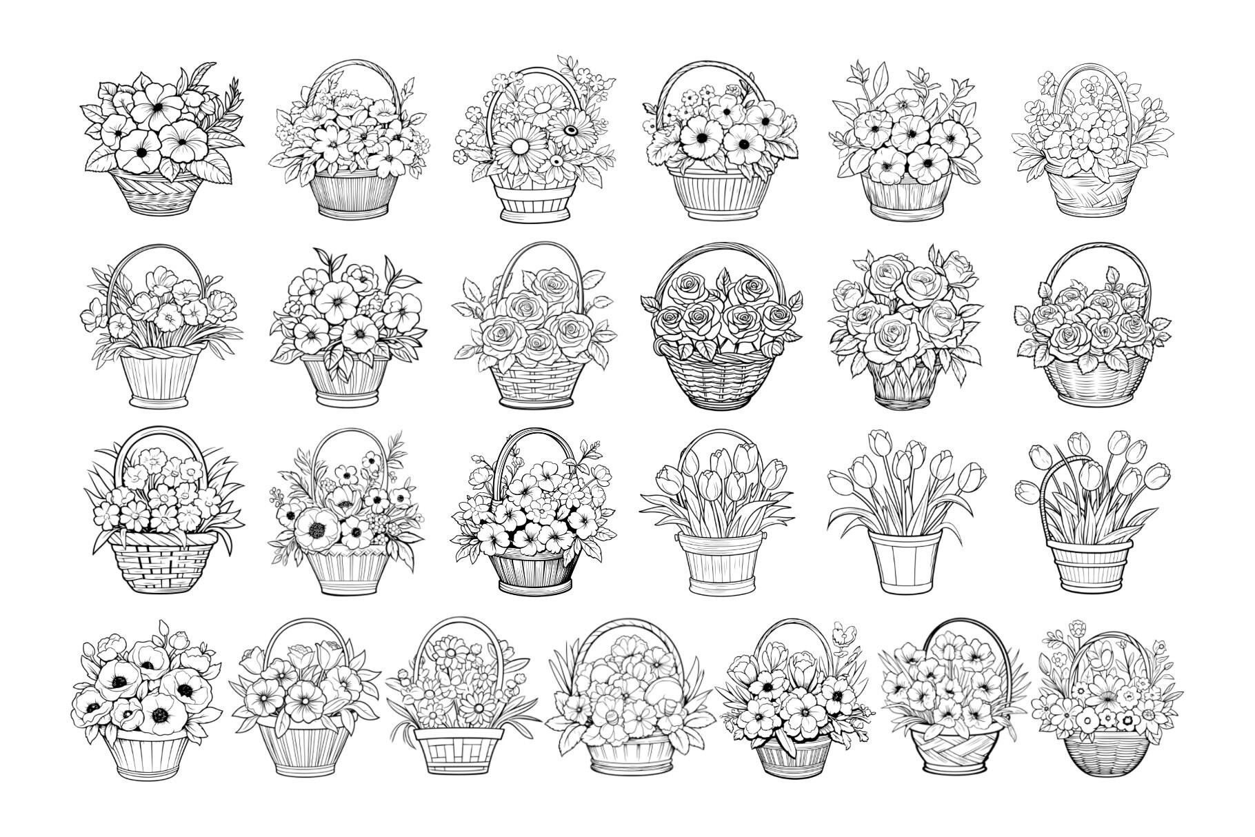 50 Flower Basket Procreate Stamps: Botanical Floral Brush Set (digital ...