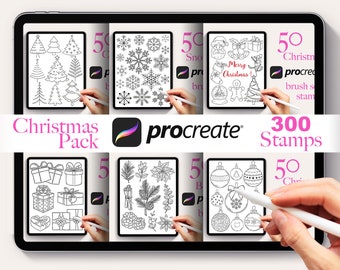 May include: A digital tablet screen displaying a set of 300 Christmas themed stamps for the Procreate app. The stamps include images of Christmas trees, snowflakes, ornaments, gifts, and other festive designs.
