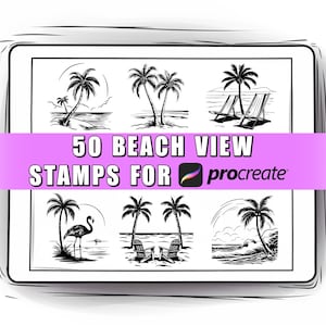 50 Strandansicht Procreate Briefmarken Pinsel | Procreate Strand | Strand Stempel | Strandbürsten | Procreate Sommer | Procreate Palm | Sommer Briefmarken