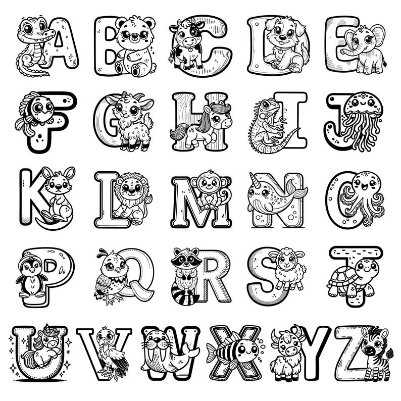 May include: Black and white alphabet letters with cute animal illustrations. Each letter is decorated with a different animal, such as a bear, a cow, a dog, an elephant, a fish, a unicorn, and more.