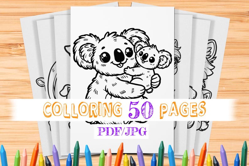 May include: Black and white coloring pages featuring a koala and a baby koala. The text "Coloring 50 Pages" and "PDF/JPG" is printed on the pages.