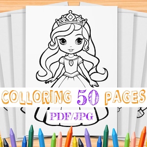 50 páginas para colorear de princesas para niños / colorear cuentos de hadas / colorear princesas / libro para colorear / páginas para colorear digitales / colorear para niños