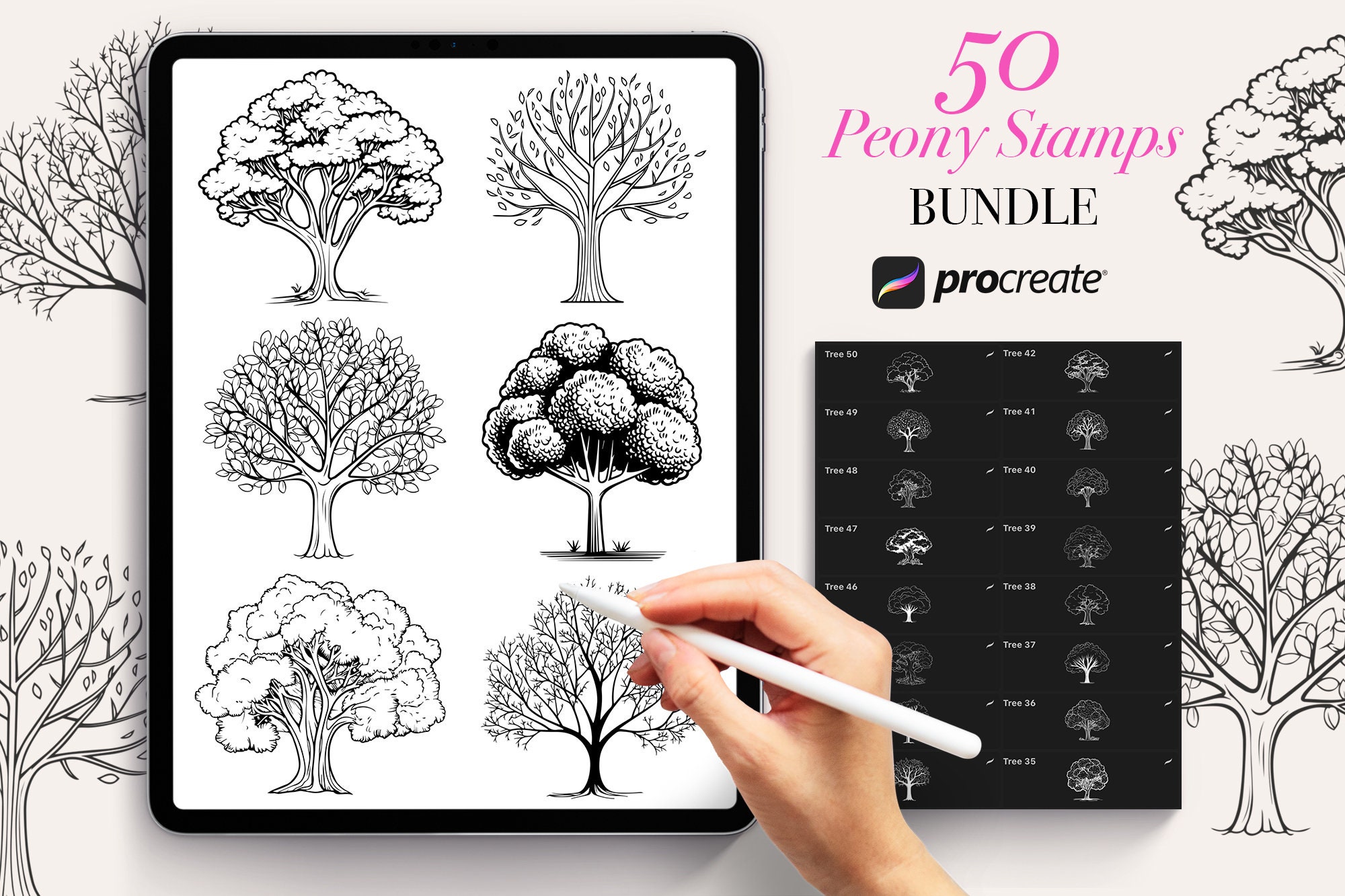50 Tree Procreate Stamps Brushes | Procreate Landscape | Procreate ...