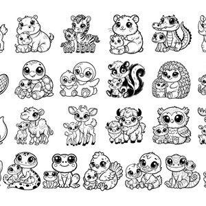 May include: Black and white line art illustrations of various animals with their babies. The animals include a deer, hippopotamus, zebra, hamster, turtle, penguin, skunk, hedgehog, owl, moose, walrus, gecko, frog, and chicken.