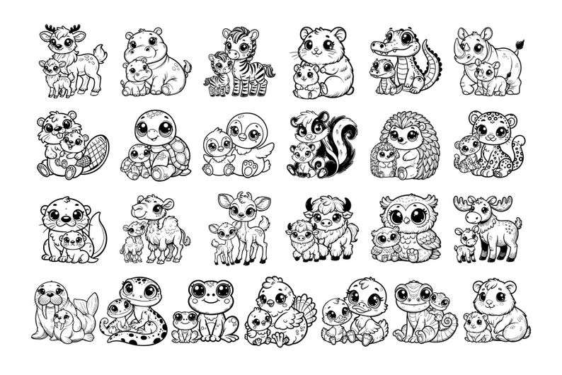 May include: Black and white line art illustrations of various animals with their babies. The animals include a deer, hippopotamus, zebra, hamster, turtle, penguin, skunk, hedgehog, owl, moose, walrus, gecko, frog, and chicken.