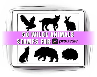 50 Procreate Wild Animals Stamp Brushes | Animals Silhouette Procreate Stamps | Wildlife Procreate Brushset | Procreate Animals