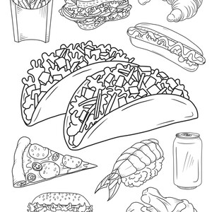 May include: A black and white line drawing of various fast food items, including a sandwich, hot dog, tacos, pizza, chicken wings, sushi, chips, and a can of fizzy drink.