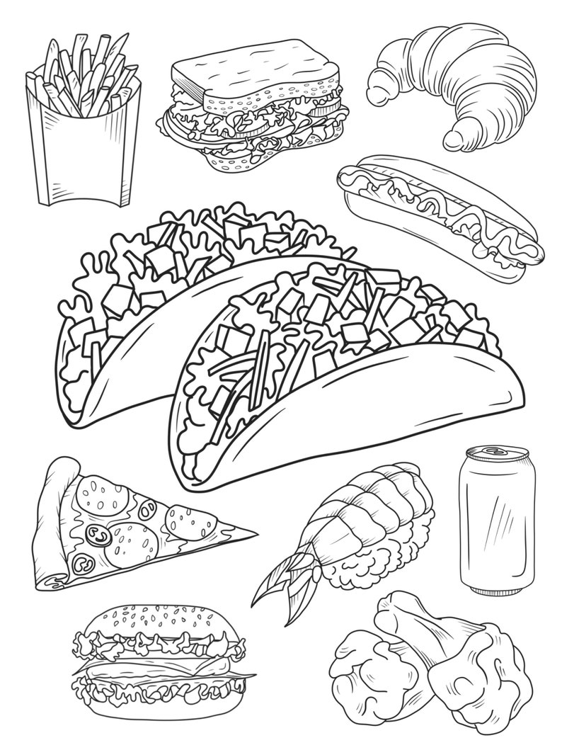 May include: A black and white line drawing of various fast food items, including a sandwich, hot dog, tacos, pizza, chicken wings, sushi, chips, and a can of fizzy drink.