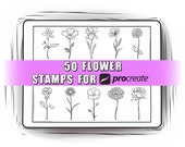 50 Flowers Procreate Stamps | Flowers Procreate Brushes | Procreate Botanical Stamps | Procreate Floral Stamps | Flowers tattoo