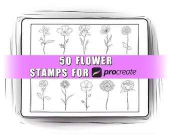 50 Flowers Procreate Stamps | Flowers Procreate Brushes | Procreate Botanical Stamps | Procreate Floral Stamps | Flowers tattoo