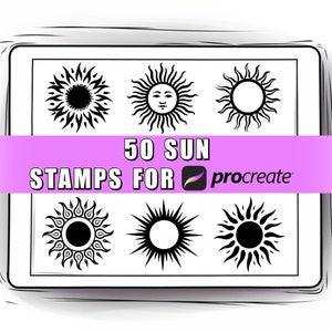 以下が含まれることがあります： Procreate 用の 50 種類の太陽スタンプのデジタルイラスト。スタンプは白黒で、シンプルな放射状の円、顔のある太陽、複雑なデザインの太陽など、さまざまなスタイルの太陽が描かれています。