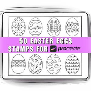 May include: Black and white illustrations of 50 Easter egg designs for Procreate. The designs include various patterns, such as hearts, flowers, clouds, and geometric shapes.