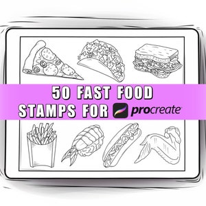 May include: A black and white illustration of 50 fast food stamps for Procreate. The stamps include images of pizza, tacos, sandwiches, chips, sushi, hot dogs, and chicken wings.