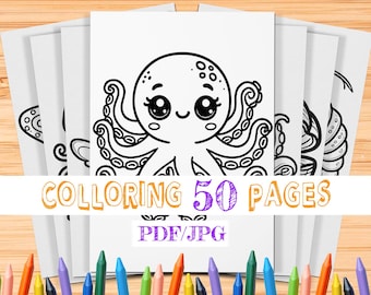 子供向けの海の動物ぬり絵50枚（PDF/JPG）