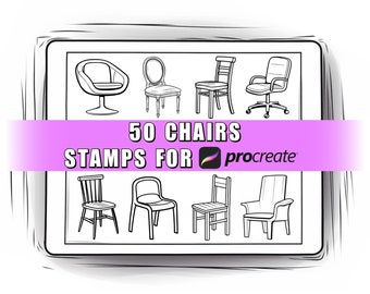 50 Chairs Procreate Stamps Brushes | Procreate Chairs | Procreate Furniture | Chairs Stamps | Interior Design Procreate | Furniture Stamps